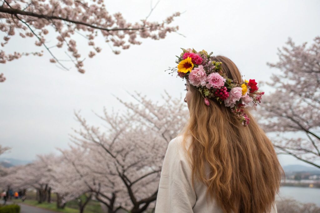 A woman with long brown hair wearing a flower crown