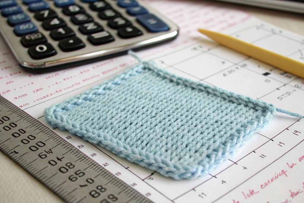 A close-up of a blue knitted swatch on a table with a calculator, a ruler, and a pencil