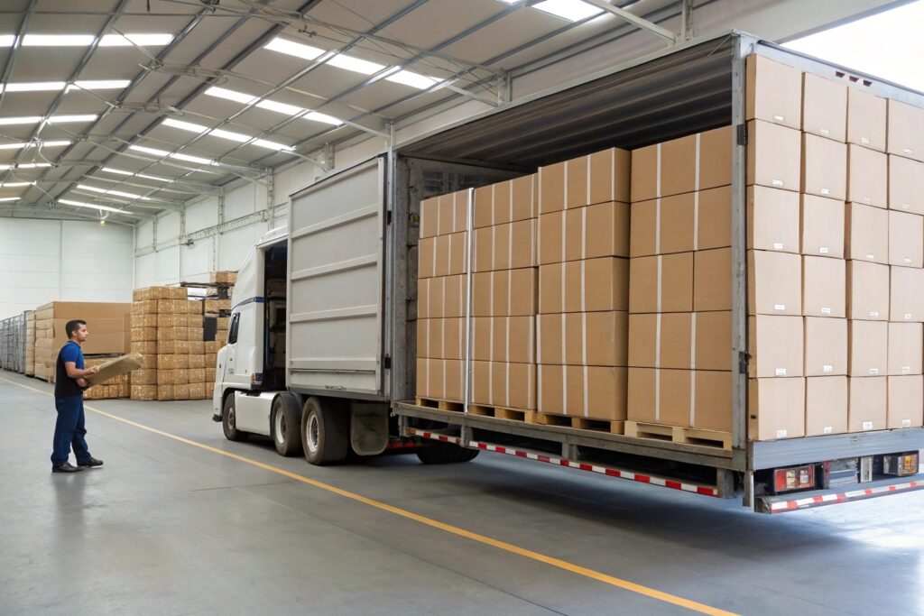 A semi-truck being loaded with boxes in a warehouse