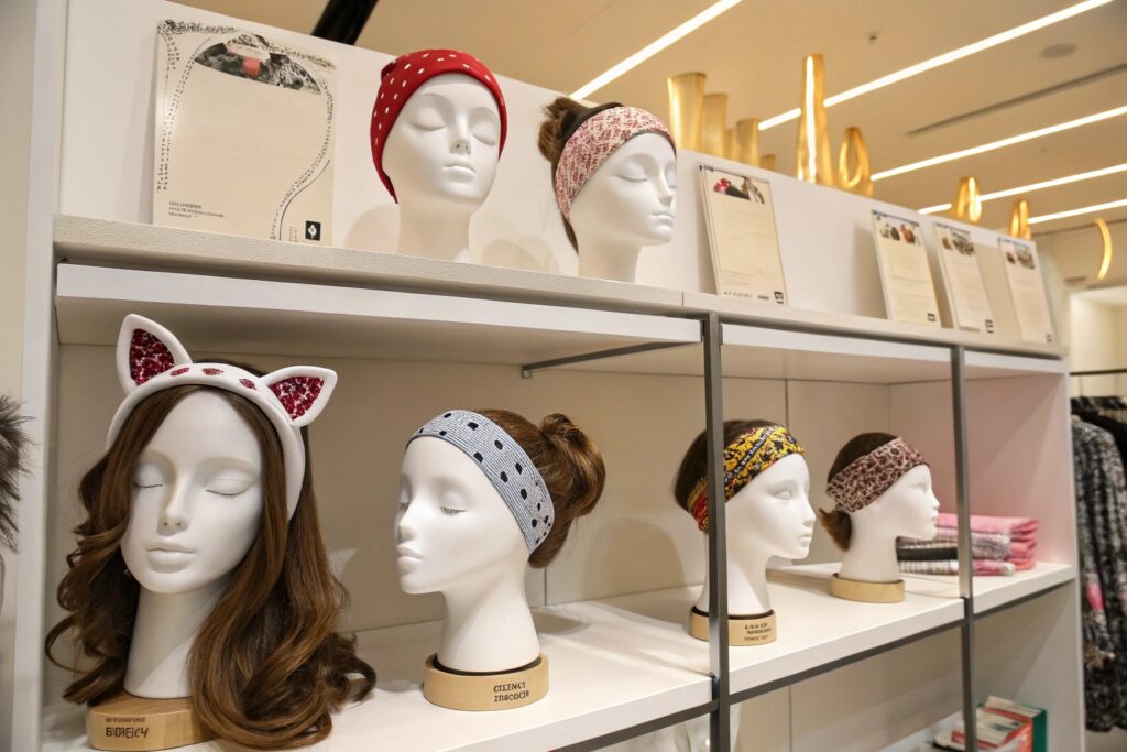Four crocheted headbands in cream, light pink, and brown, with a crocheted scarf in the background